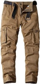 Men's Casual Pants Loose Straight Multi Pocket Outdoor Work Cotton Trousers (Color: Khaki, size: L)
