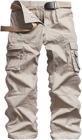 Men's Casual Cargo Trousers Work Autumn Slim-fit Work Pant with Pockets (Color: Beige, size: 29)