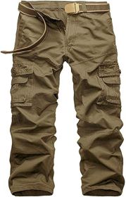 Men's Casual Cargo Trousers Work Autumn Slim-fit Work Pant with Pockets (Color: Khaki, size: 36)