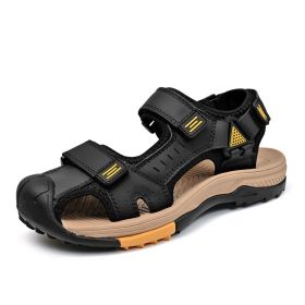Summer men's new big pier layer cowhide beach sandals Fashion trend comfortable men's sandals 38-48 (Color: Black, size: 47)