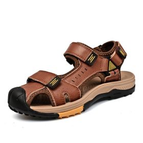 Summer men's new big pier layer cowhide beach sandals Fashion trend comfortable men's sandals 38-48 (Color: Brown, size: 45)