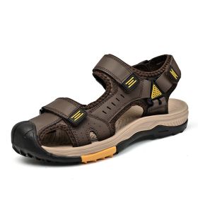 Summer men's new big pier layer cowhide beach sandals Fashion trend comfortable men's sandals 38-48 (Color: Khaki, size: 41)