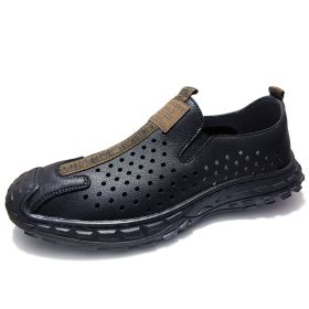Men's leather hole-out shoes leather sandals comfortable breathable loafers a slip-on loafers (Color: Black, size: 42)