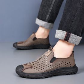 Men's leather hole-out shoes leather sandals comfortable breathable loafers a slip-on loafers (Color: Brown, size: 40)