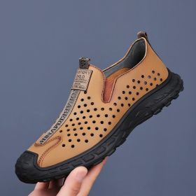 Men's leather hole-out shoes leather sandals comfortable breathable loafers a slip-on loafers (Color: Khaki, size: 44)