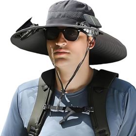 Outdoor Wide Brim Sun Hat with 2 Solar Fan Sun Bucket Hat for Men Women UPF 50+ Bucket Fishing & Beach Hat with Fan Built in. (Color: Dark Gray)
